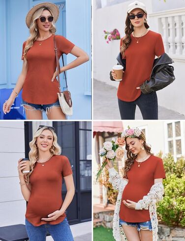 Ekouaer 3 Pack Women Soft Maternity Shirts Ribbed Knit Pregnancy Tops Curved Hem Postpartum Tees Short Sleeve Pregnant Tshirt in Saudi Arabia