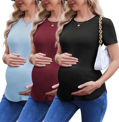 Ekouaer 3 Pack Women Soft Maternity Shirts Ribbed Knit Pregnancy Tops Curved Hem Postpartum Tees Short Sleeve Pregnant Tshirt in Saudi Arabia