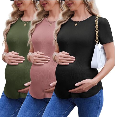 Ekouaer 3 Pack Women Soft Maternity Shirts Ribbed Knit Pregnancy Tops Curved Hem Postpartum Tees Short Sleeve Pregnant Tshirt in Saudi Arabia