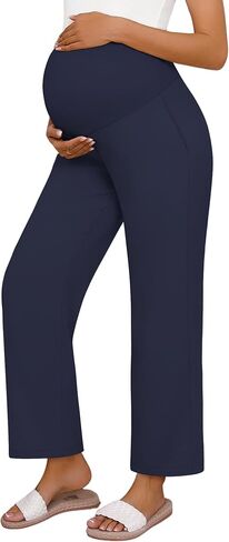 Huukeay Women's Cotton Linen Maternity Pants, High Waisted Lounge Pregnancy Pants Over The Belly Trousers with Pockets in Saudi Arabia