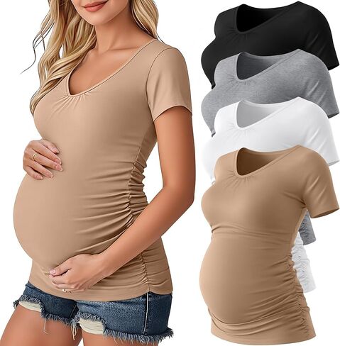 Ficerd 4 Pack Womens Maternity T-Shirts, V Neck Cotton Pregnancy Clothes Casual Short Sleeve Side Ruched Pregnant Shirts in Saudi Arabia