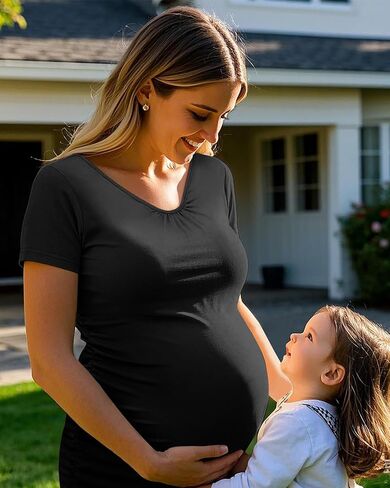 Ficerd 4 Pack Womens Maternity T-Shirts, V Neck Cotton Pregnancy Clothes Casual Short Sleeve Side Ruched Pregnant Shirts in Saudi Arabia