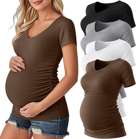 Ficerd 4 Pack Womens Maternity T-Shirts, V Neck Cotton Pregnancy Clothes Casual Short Sleeve Side Ruched Pregnant Shirts in Kuwait