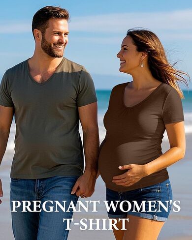 Ficerd 4 Pack Womens Maternity T-Shirts, V Neck Cotton Pregnancy Clothes Casual Short Sleeve Side Ruched Pregnant Shirts in Kuwait