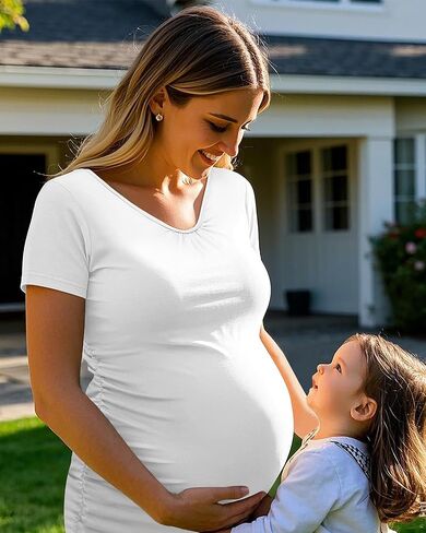 Ficerd 4 Pack Womens Maternity T-Shirts, V Neck Cotton Pregnancy Clothes Casual Short Sleeve Side Ruched Pregnant Shirts in Kuwait