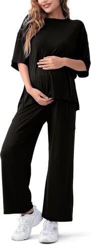 Maternity Lounge Set 2 Piece Outfits Matching Short Sleeve Top Adjustable Long Pants Pregnancy Summer Loungwear in Kuwait