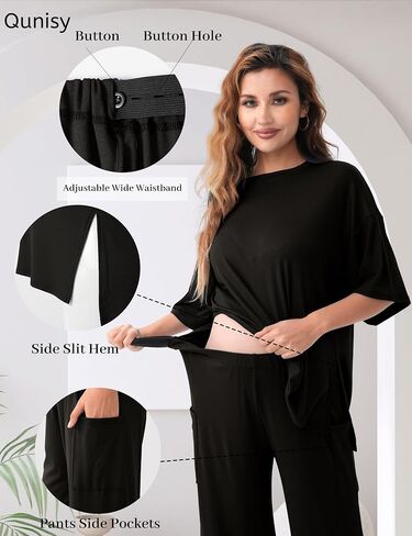 Maternity Lounge Set 2 Piece Outfits Matching Short Sleeve Top Adjustable Long Pants Pregnancy Summer Loungwear in Kuwait