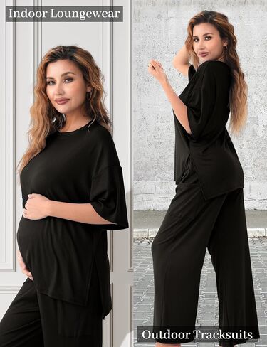 Maternity Lounge Set 2 Piece Outfits Matching Short Sleeve Top Adjustable Long Pants Pregnancy Summer Loungwear in Kuwait
