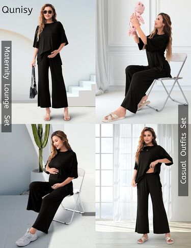 Maternity Lounge Set 2 Piece Outfits Matching Short Sleeve Top Adjustable Long Pants Pregnancy Summer Loungwear in Kuwait