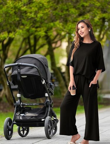 Maternity Lounge Set 2 Piece Outfits Matching Short Sleeve Top Adjustable Long Pants Pregnancy Summer Loungwear in Kuwait