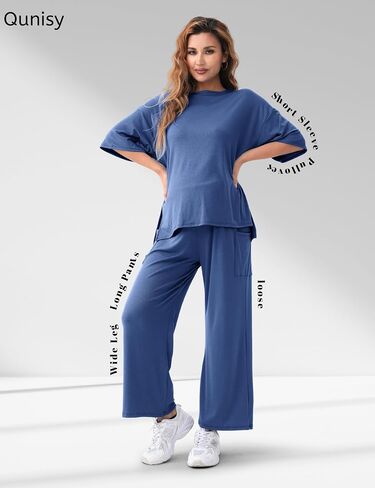 Maternity Lounge Set 2 Piece Outfits Matching Short Sleeve Top Adjustable Long Pants Pregnancy Summer Loungwear in Kuwait