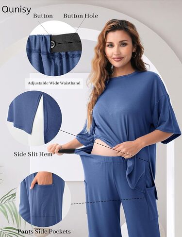 Maternity Lounge Set 2 Piece Outfits Matching Short Sleeve Top Adjustable Long Pants Pregnancy Summer Loungwear in Kuwait