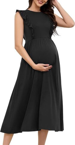 OUGES Womens 2025 Spring Hidden Zipper Nurisng Dress for Breastfeeding Casual Sleeveless Ruffled Midi Maternity Dress in Kuwait