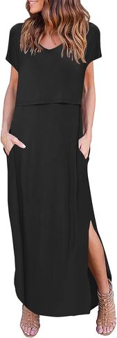 Ekouaer Women's Nursing Dress Summer V Neck Short Sleeve Maternity Split Long Dresses for Breastfeeding with Pockets S-XXL in Saudi Arabia