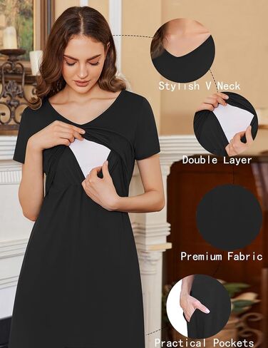 Ekouaer Women's Nursing Dress Summer V Neck Short Sleeve Maternity Split Long Dresses for Breastfeeding with Pockets S-XXL in Saudi Arabia
