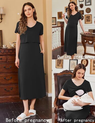 Ekouaer Women's Nursing Dress Summer V Neck Short Sleeve Maternity Split Long Dresses for Breastfeeding with Pockets S-XXL in Saudi Arabia