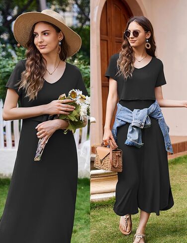 Ekouaer Women's Nursing Dress Summer V Neck Short Sleeve Maternity Split Long Dresses for Breastfeeding with Pockets S-XXL in Saudi Arabia