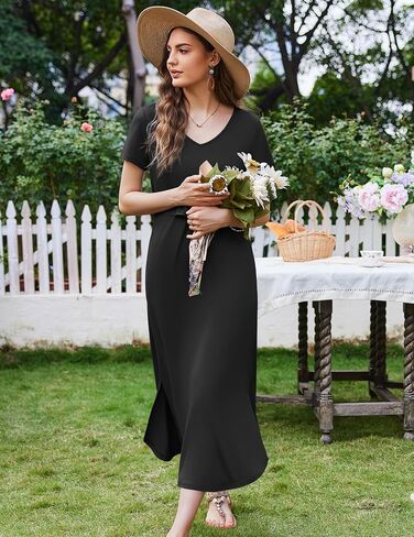 Ekouaer Women's Nursing Dress Summer V Neck Short Sleeve Maternity Split Long Dresses for Breastfeeding with Pockets S-XXL in Saudi Arabia