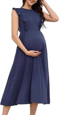 OUGES Womens 2025 Spring Hidden Zipper Nurisng Dress for Breastfeeding Casual Sleeveless Ruffled Midi Maternity Dress in Kuwait