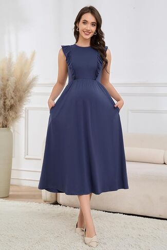 OUGES Womens 2025 Spring Hidden Zipper Nurisng Dress for Breastfeeding Casual Sleeveless Ruffled Midi Maternity Dress in Kuwait