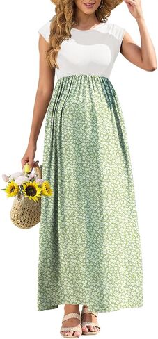 AISWI Casual Maternity Printed Dress with Pockets Cap Sleeve Ribbed Round Neck A Line Pregnancy Maxi Dresses Baby Shower in Saudi Arabia
