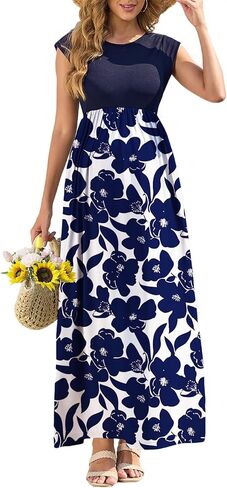 AISWI Casual Maternity Printed Dress with Pockets Cap Sleeve Ribbed Round Neck A Line Pregnancy Maxi Dresses Baby Shower in Saudi Arabia