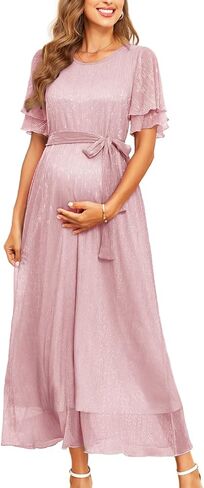 2025 Maternity Sparkly Mesh Maxi Flowy Dress with Belt Ruffle Sleeves Pregnant Long Dress Baby Shower Photoshoot Formal in Kuwait