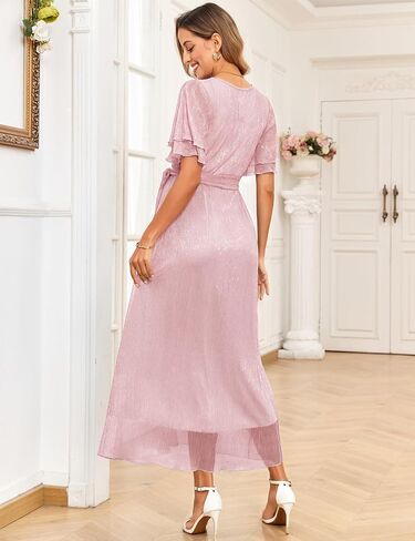 2025 Maternity Sparkly Mesh Maxi Flowy Dress with Belt Ruffle Sleeves Pregnant Long Dress Baby Shower Photoshoot Formal in Kuwait