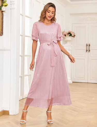 2025 Maternity Sparkly Mesh Maxi Flowy Dress with Belt Ruffle Sleeves Pregnant Long Dress Baby Shower Photoshoot Formal in Kuwait