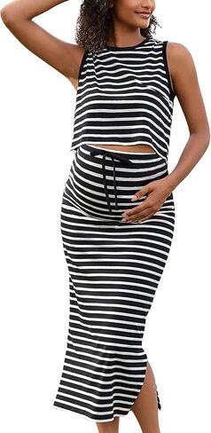 GINKANA Womens Maternity 2 Piece Outfits Striped Sleeveless Tank Top and High Waist Split Side Midi Skirt Set in Saudi Arabia