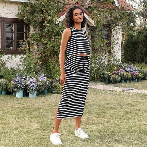GINKANA Womens Maternity 2 Piece Outfits Striped Sleeveless Tank Top and High Waist Split Side Midi Skirt Set in Saudi Arabia