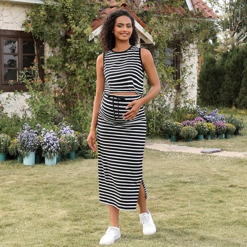 GINKANA Womens Maternity 2 Piece Outfits Striped Sleeveless Tank Top and High Waist Split Side Midi Skirt Set in Saudi Arabia