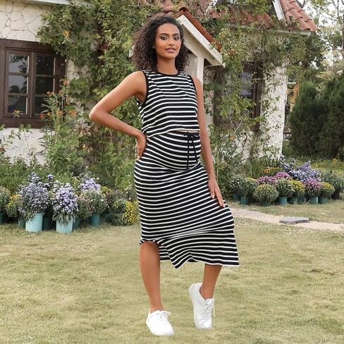GINKANA Womens Maternity 2 Piece Outfits Striped Sleeveless Tank Top and High Waist Split Side Midi Skirt Set in Saudi Arabia