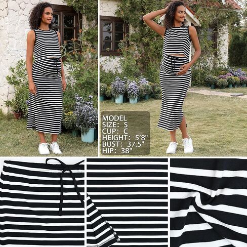 GINKANA Womens Maternity 2 Piece Outfits Striped Sleeveless Tank Top and High Waist Split Side Midi Skirt Set in Saudi Arabia