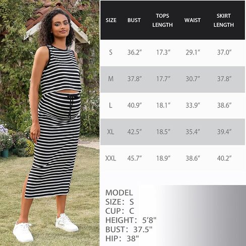 GINKANA Womens Maternity 2 Piece Outfits Striped Sleeveless Tank Top and High Waist Split Side Midi Skirt Set in Saudi Arabia