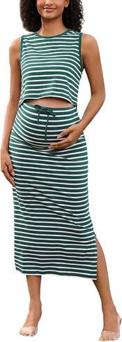 GINKANA Womens Maternity 2 Piece Outfits Striped Sleeveless Tank Top and High Waist Split Side Midi Skirt Set in Saudi Arabia