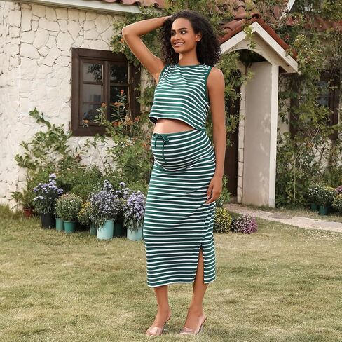 GINKANA Womens Maternity 2 Piece Outfits Striped Sleeveless Tank Top and High Waist Split Side Midi Skirt Set in Saudi Arabia