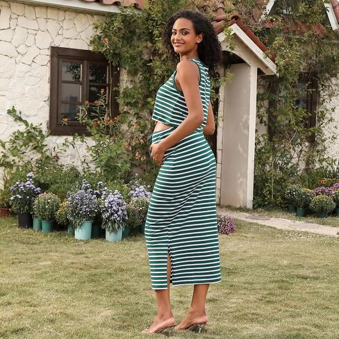 GINKANA Womens Maternity 2 Piece Outfits Striped Sleeveless Tank Top and High Waist Split Side Midi Skirt Set in Saudi Arabia