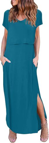 Ekouaer Women's Nursing Dress Summer V Neck Short Sleeve Maternity Split Long Dresses for Breastfeeding with Pockets S-XXL in Saudi Arabia