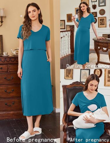Ekouaer Women's Nursing Dress Summer V Neck Short Sleeve Maternity Split Long Dresses for Breastfeeding with Pockets S-XXL in Saudi Arabia