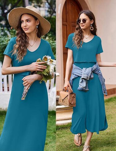 Ekouaer Women's Nursing Dress Summer V Neck Short Sleeve Maternity Split Long Dresses for Breastfeeding with Pockets S-XXL in Saudi Arabia
