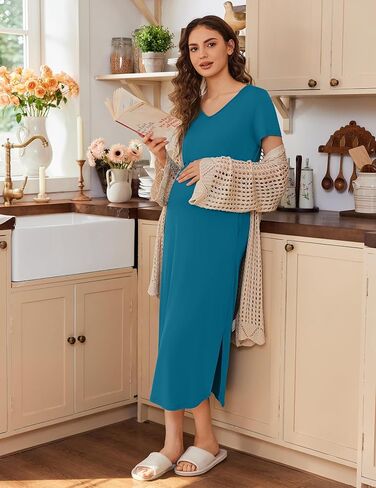 Ekouaer Women's Nursing Dress Summer V Neck Short Sleeve Maternity Split Long Dresses for Breastfeeding with Pockets S-XXL in Saudi Arabia