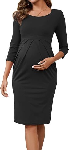 Women's Work Maternity Dresses Semi Formal 3/4 Sleeves Front Pleated Office Pregnancy Business Dress in Saudi Arabia