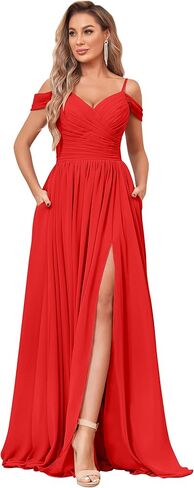 BOLENSYE Off The Shoulder Bridesmaid Dresses with Pockets Ruched Chiffon Long Slit Formal Evening Gown in Saudi Arabia