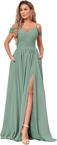 BOLENSYE Off The Shoulder Bridesmaid Dresses with Pockets Ruched Chiffon Long Slit Formal Evening Gown in Saudi Arabia