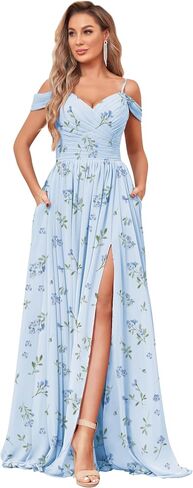 BOLENSYE Off The Shoulder Bridesmaid Dresses with Pockets Ruched Chiffon Long Slit Formal Evening Gown in Saudi Arabia