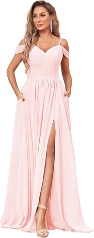 BOLENSYE Off The Shoulder Bridesmaid Dresses with Pockets Ruched Chiffon Long Slit Formal Evening Gown in Saudi Arabia