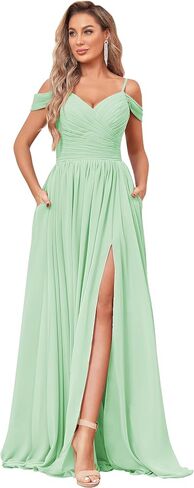 BOLENSYE Off The Shoulder Bridesmaid Dresses with Pockets Ruched Chiffon Long Slit Formal Evening Gown in Saudi Arabia