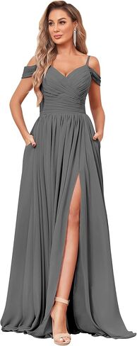 BOLENSYE Off The Shoulder Bridesmaid Dresses with Pockets Ruched Chiffon Long Slit Formal Evening Gown in Saudi Arabia