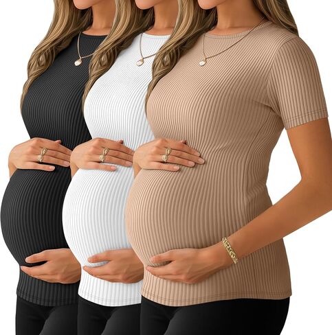 Ficerd 3 حزمة قمصان الأمومة النسائية قمصان الحمل القطن المضلعة قمم قصيرة بأكمام قصيرة من الأكمام in Kuwait